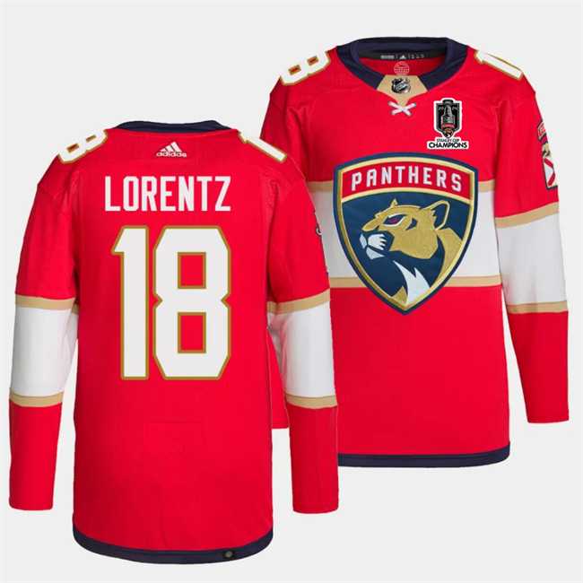 Mens Florida Panthers #18 Steven Lorentz Red Home 2024 Stanley Cup Champions Stitched Jersey Dzhi